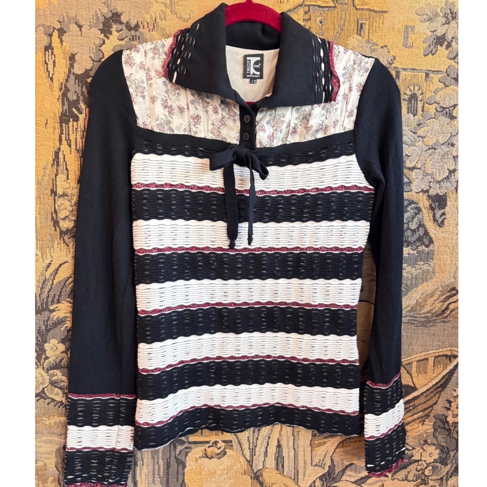 Tricot Chic Italy Mixed Media Floral Stripe Knit Sweater Top Black White IT 46